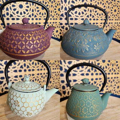 Collage of all four cast iron teapots